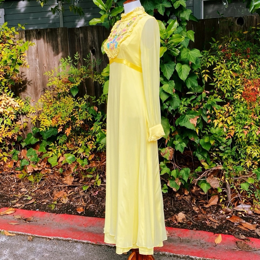 70's Pastel Yellow Embroidered Floral Chiffon Maxi - Picture 3 of 12